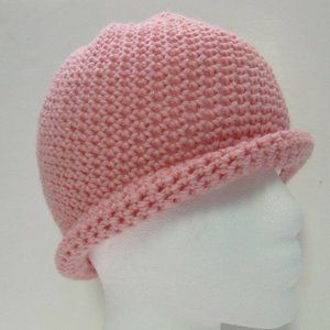 Pink Wool Slouchy Cap Winter Cloche Hat Chic Handmade Crochet Knit USA Size S